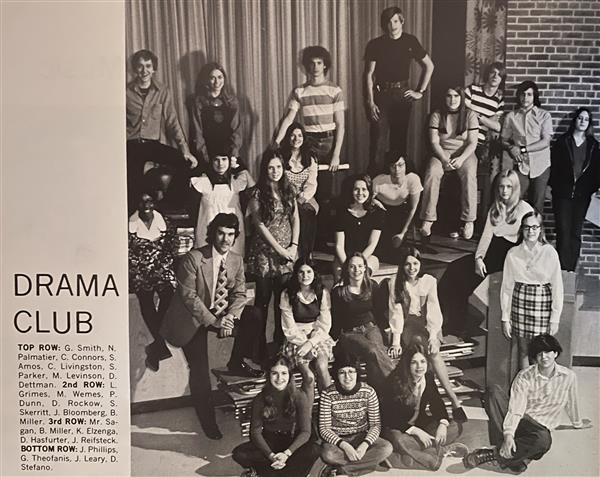 Students and Bob Sagan posing for the drama club photo in the 1973 yearbook